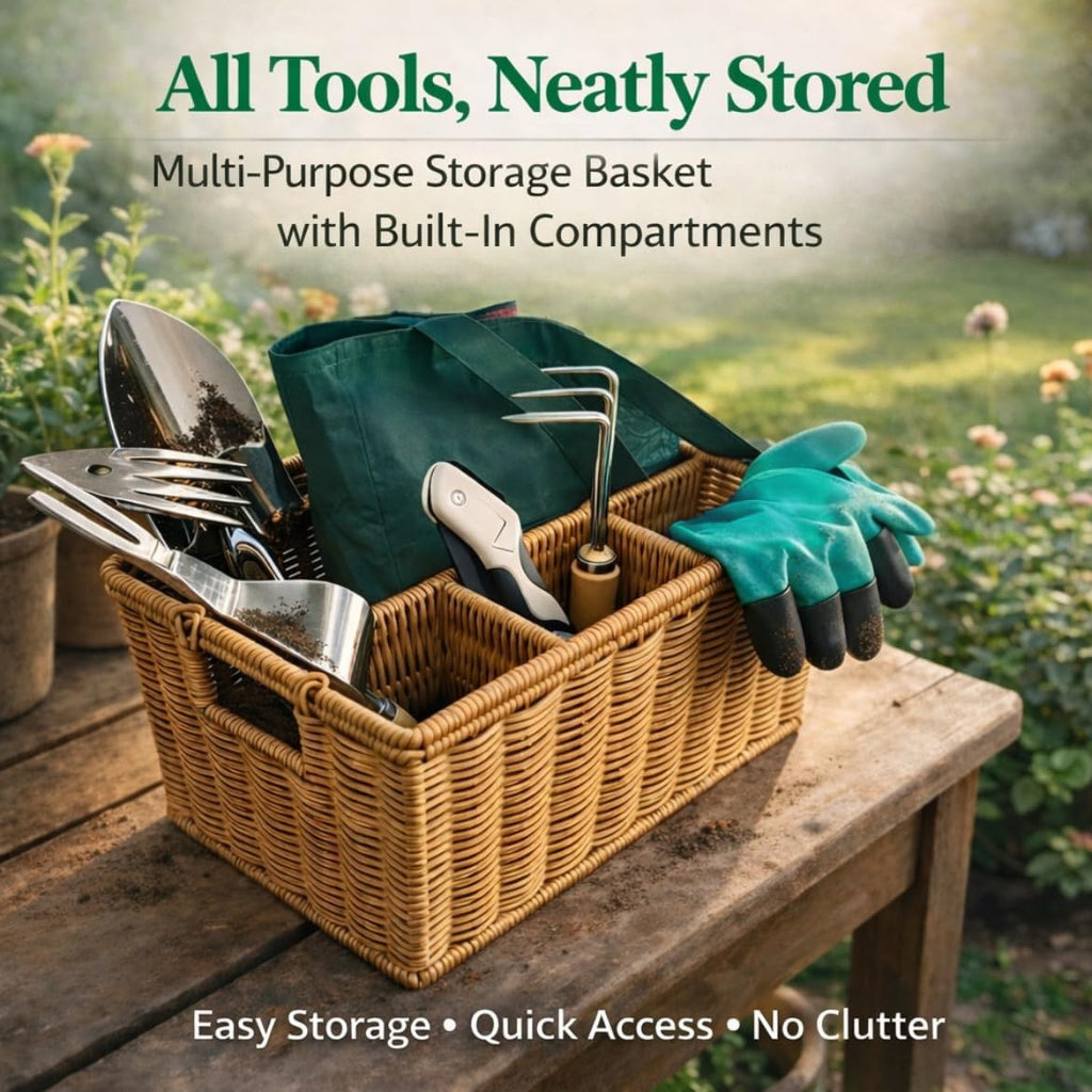 Garden Tool Set, Wicker Basket, Raised Bed Gardening, Women's Garden Gift | All-in-one gardening kit, wooden-handle