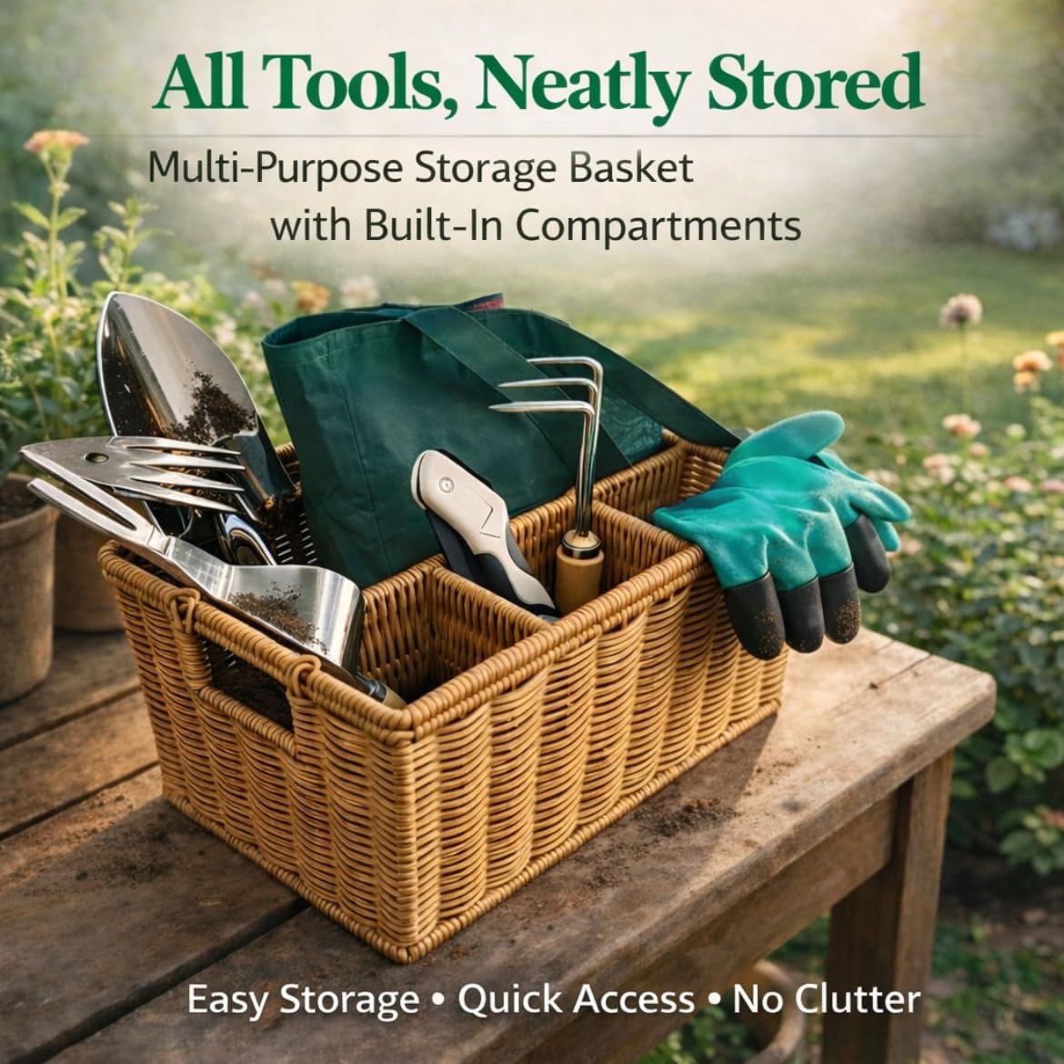 Garden Tool Set, Wicker Basket, Raised Bed Gardening, Women's Garden Gift | All-in-one gardening kit, wooden-handle
