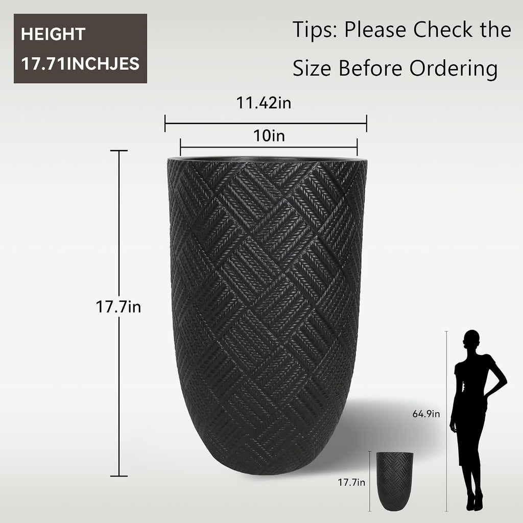 Oakrain 17.7" Tall Planter for Indoor Plants, Black Large Floor Planter | Flower Pot with Handcrafted Herringbone