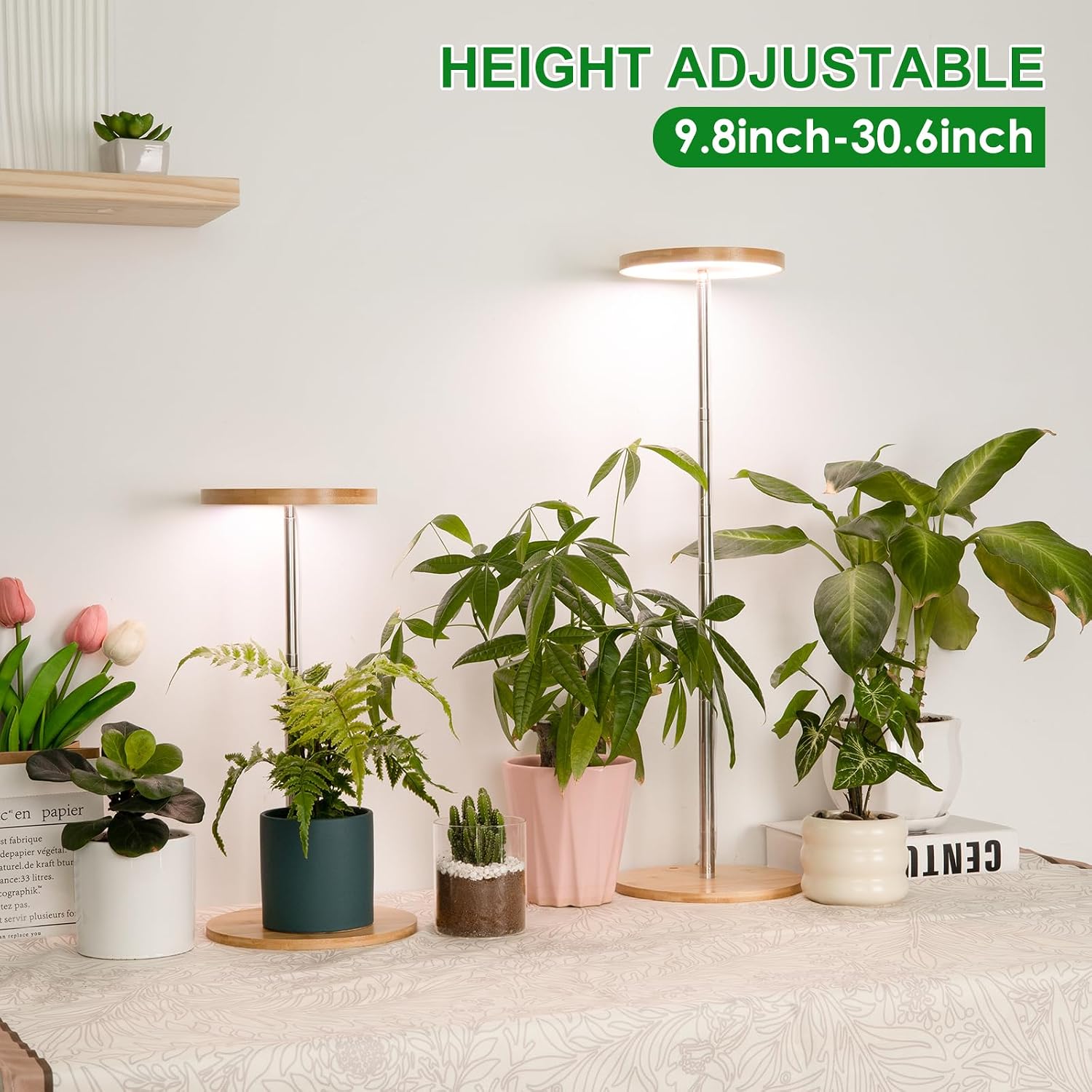 LORDEM Grow Lights for Indoor Plants with Base, Bamboo Design, Timer | 72 LEDs Full Spectrum Plant Lights, 4 Brightness