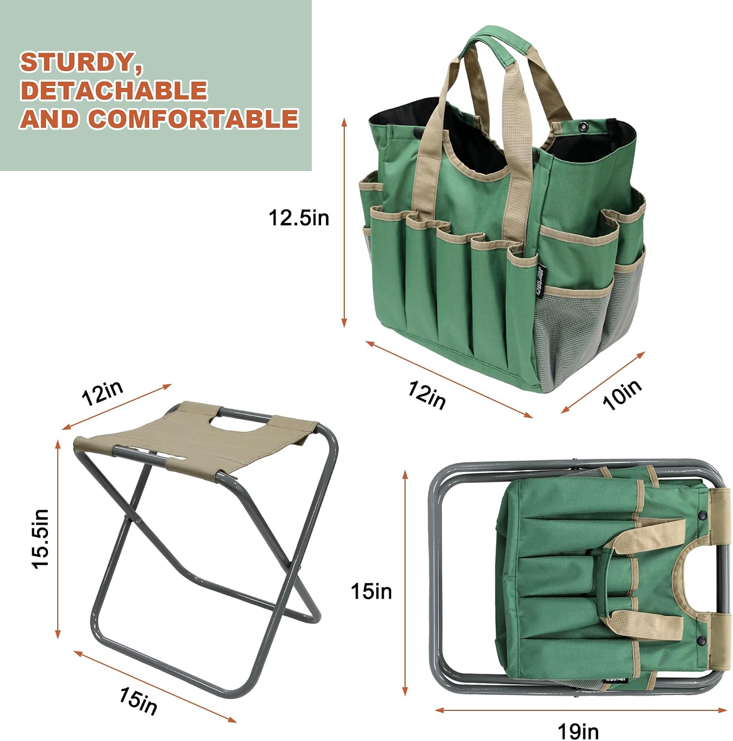 Folding Gardening Stool with Detachable Storage Tote Bag, Gardening Tools Set Organizer for Fishing Outdoor Sports