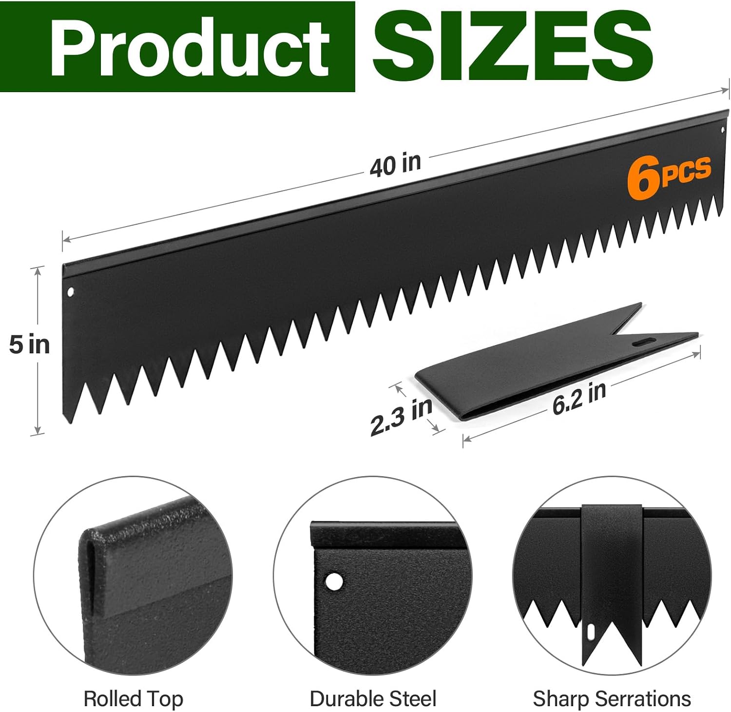 LAVEVE Galvanized Steel Landscape Edging 6-Pack, 40" L x 5" H (20Ft Total) | Hammer-in Metal Garden Edging Border with