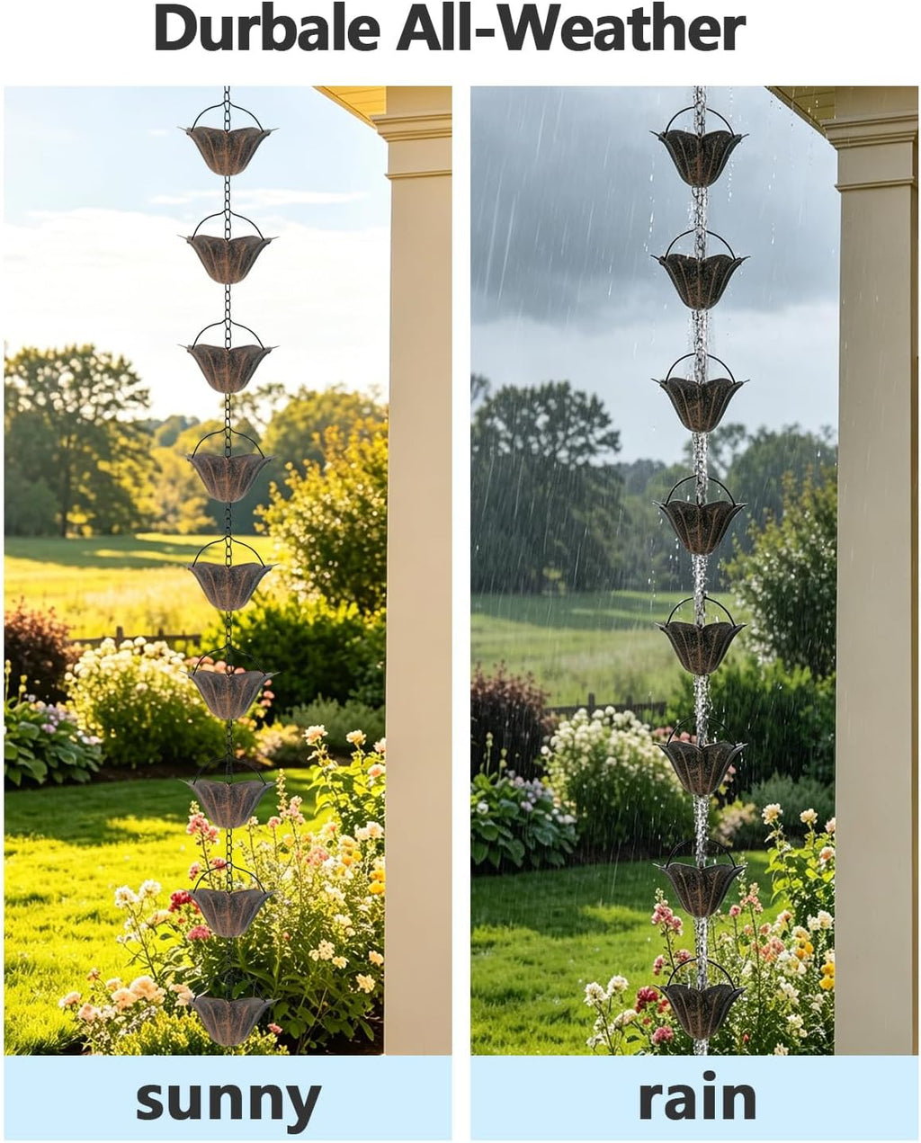 9.5FT Antique Bronze Lotus Rain Chain 12-Cup Downspout Replacement | Sturdy Metal, Rainwater Harvesting, Replaces