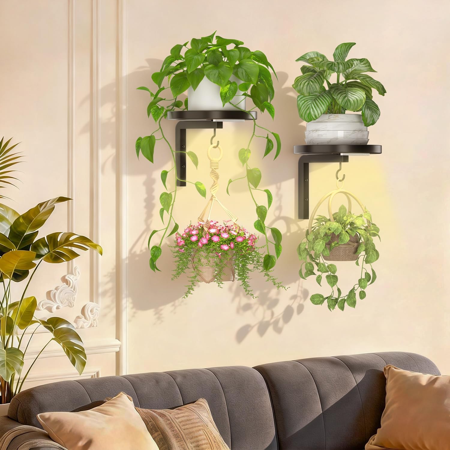 iDavosic.ly Plant Wall Hanger with Grow Lights Set of 2 for Indoor, Black | Metal Floating Flower Display Holder Stand