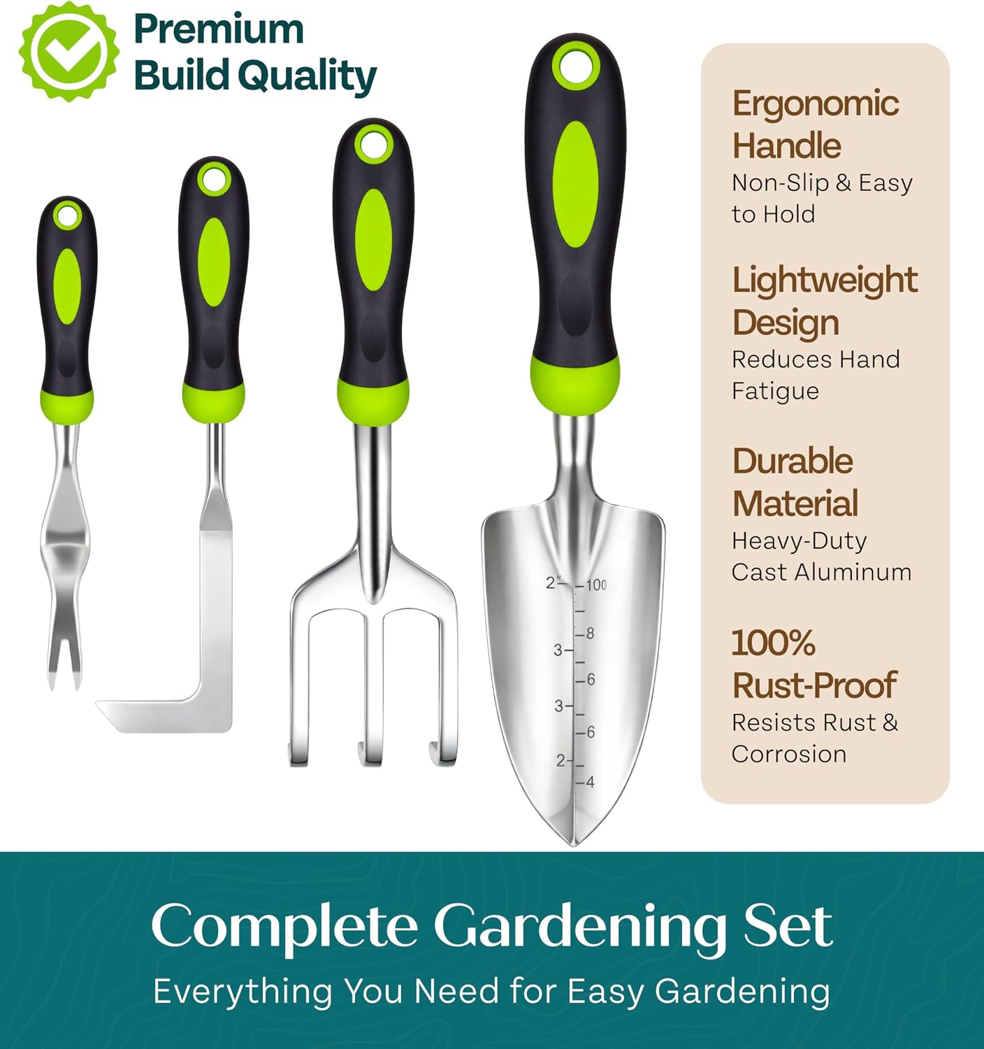 Heavy Duty Gardening Tools - Gardening Gifts for Women, Men, Mom, Dad - Durable, Ergonomic Garden Tools Set (Green with