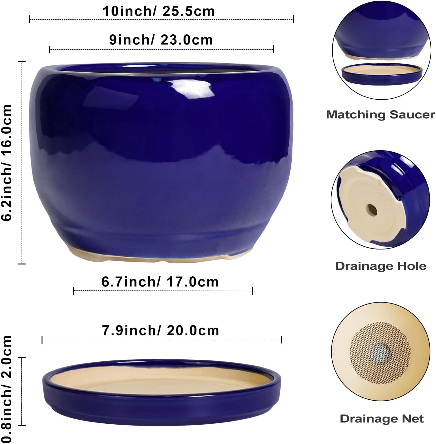 SQOWL Ceramic Plant Pot - 10 Inch Ceramic Planter for Indoor Outdoor, Round Flower Pot with Drainage Hole and Saucer
