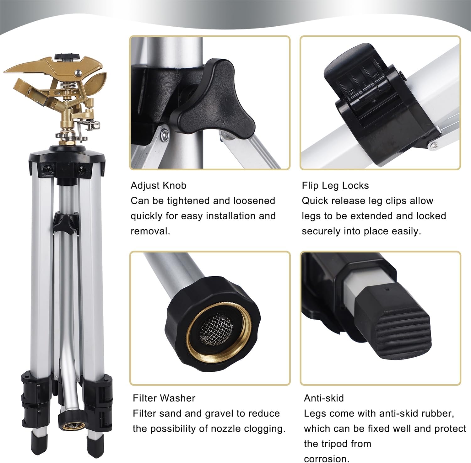 Biswing Large Impact Sprinkler Head on Tripod Base, Adjustable Zinc Alloy Lawn Sprinklers for Yard Lawn Garden, 3/4" NH