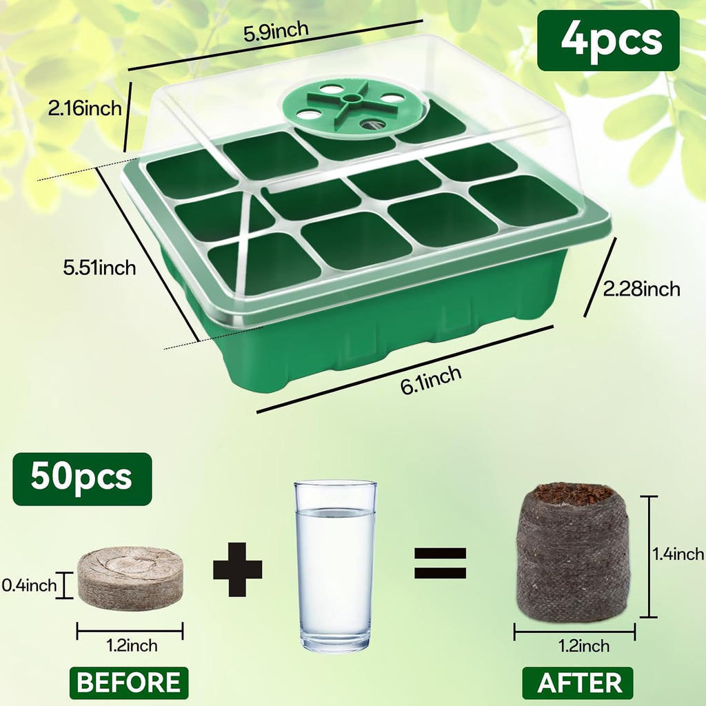 Seed Starter Tray with Peat Pellets, Green Starting Seeds Kit for Plants | 8 Trays (96 Cells) + 100 Organic Peat