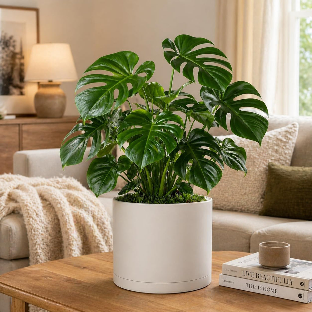 Giraffe Creation 10 Inch Cylinder Plant Pot, Modern Round Planter with Drainage Holes and Saucer, Lightweight Plastic