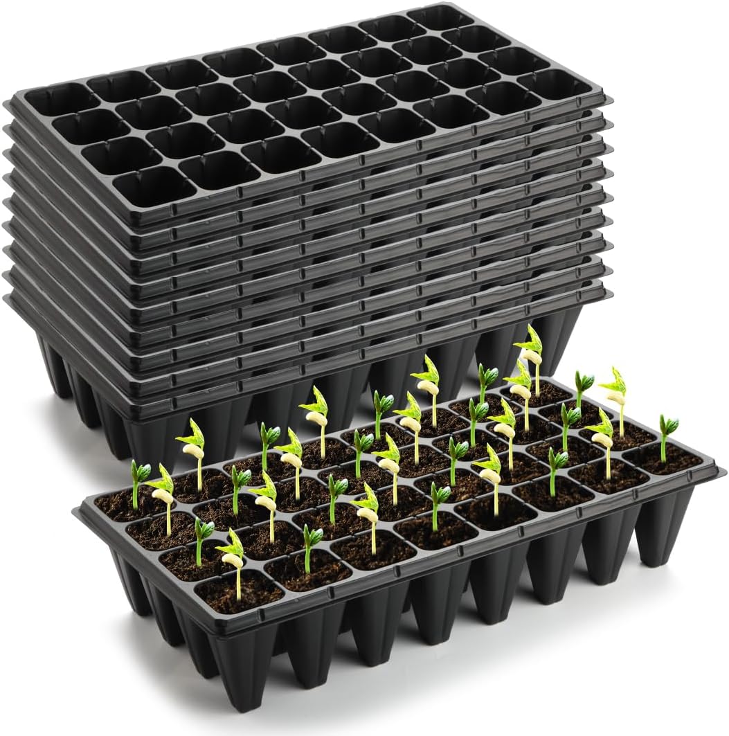 RooTrimmer 10 Pack 1020 Trays No Holes and 10 Pack 4.3" Deep 32 Cell Seed Starter Trays, 20" x 10" - Heavy Duty Plastic