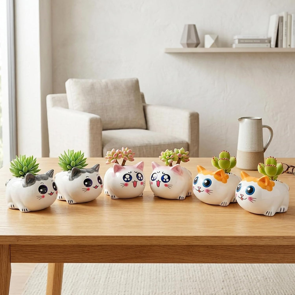 Cat Succulent Pots Set of 6 - Small Ceramic Animal Planters with Drainage | Cute Mini Flower Pots for Air Plants &