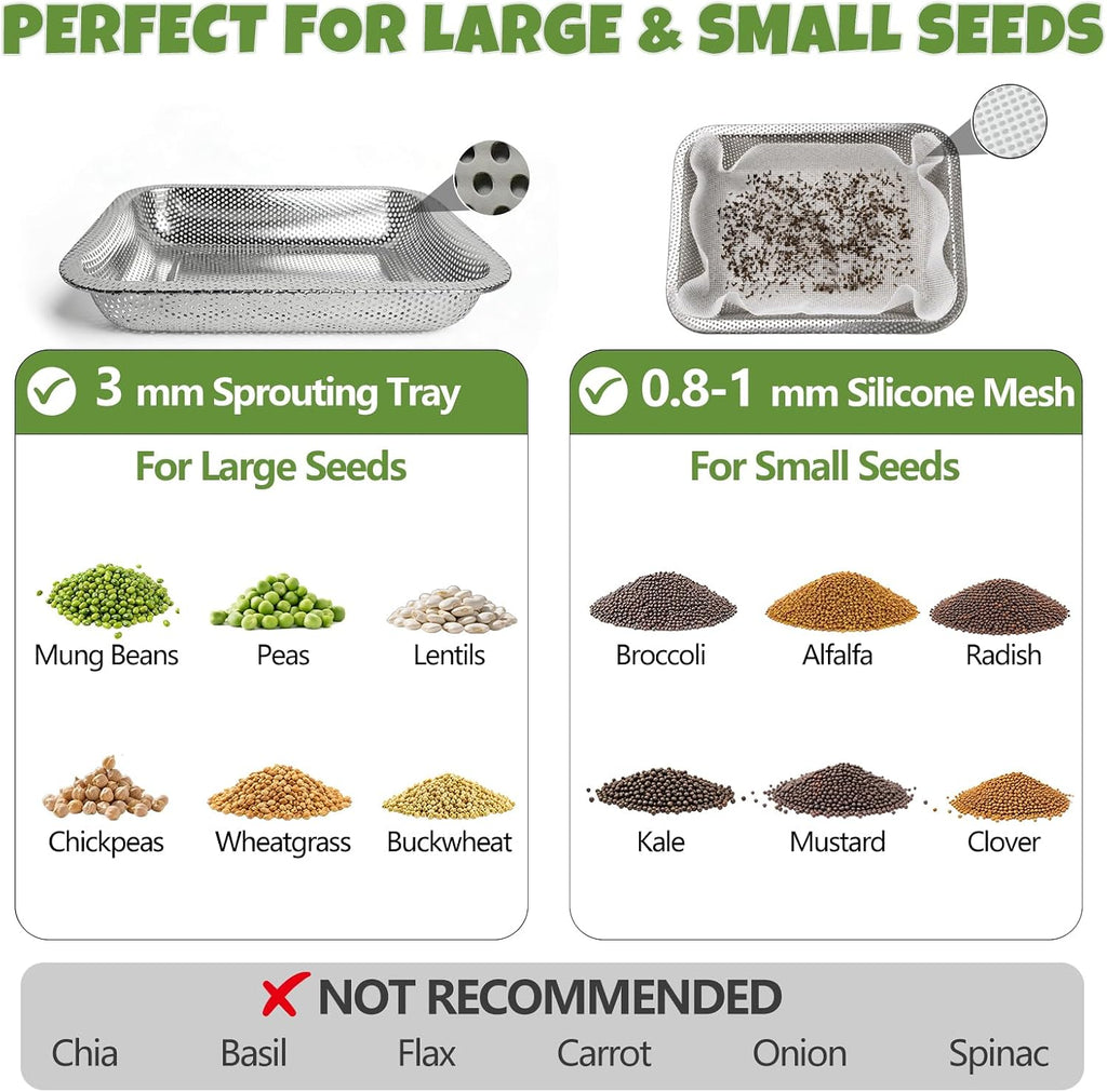 2 Pack Stainless Steel Seed Sprouter Trays, 2-Tier Soil-Free Microgreens Growing Kit, Sprouting Tray with Cover Lids &