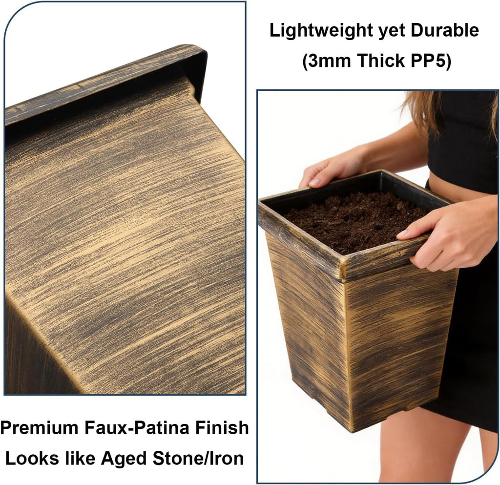 10 Inch Tall Outdoor Square Planter - 4 Pack Vintage Gold Faux Metal | Plant Pot with Drainage Holes & Raised Feet, 13"