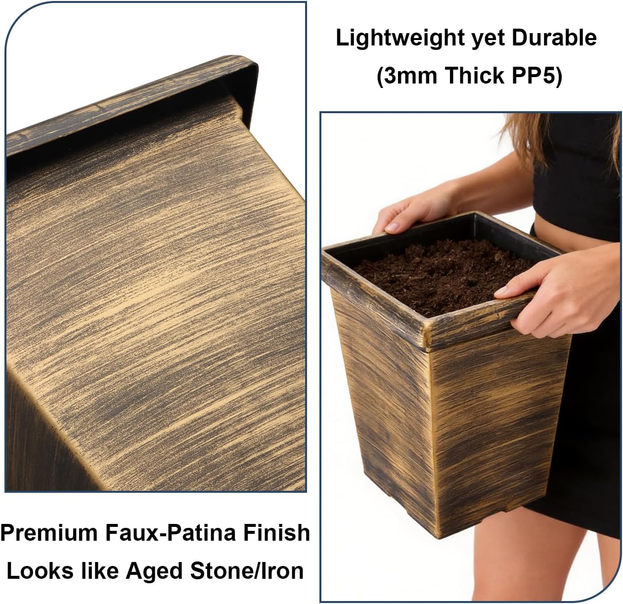 10 Inch Tall Outdoor Square Planter - 4 Pack Vintage Gold Faux Metal | Plant Pot with Drainage Holes & Raised Feet, 13"