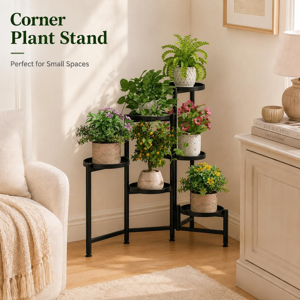Plant Stand Indoor Outdoor, Gardening Tools& Plant Label, 6 Tier Folding Metal Plant Shelf, 6 Pot, 66LB, Corner Plant