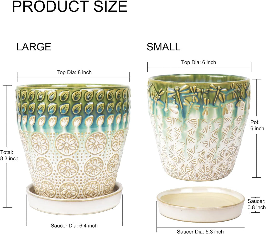 Ceramic Planter Pots for Indoor Plants, 8Inch + 6 Inch Plant Pot with Drainage Holes, Saucers and Mesh Pads, Succulent