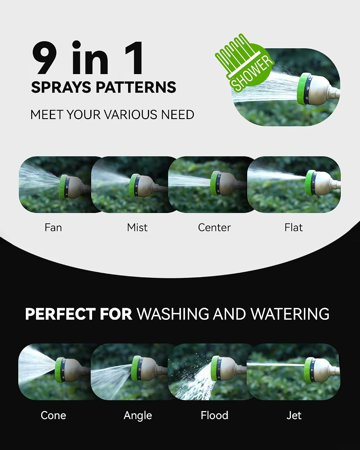 RAINPOINT Watering Wand For Garden Hose, 16 Inch Metal Hose Nozzle Wand with 9 Spray Patterns, Long Hose Sprayer For