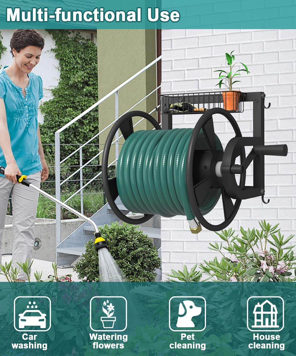 Outdoor Wall Mounted Hose Reel with Hook, Garden Heavy-Duty Water Holder Winder with 3.9 ft Leader Hoses, Brass Fitting