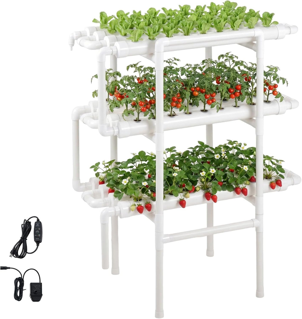 VEVOR Hydroponics Growing System Kit, 3-Tier 108 Sites UPVC Pipe Hydroponic Grow Kit with Timed Irrigation, Thickened