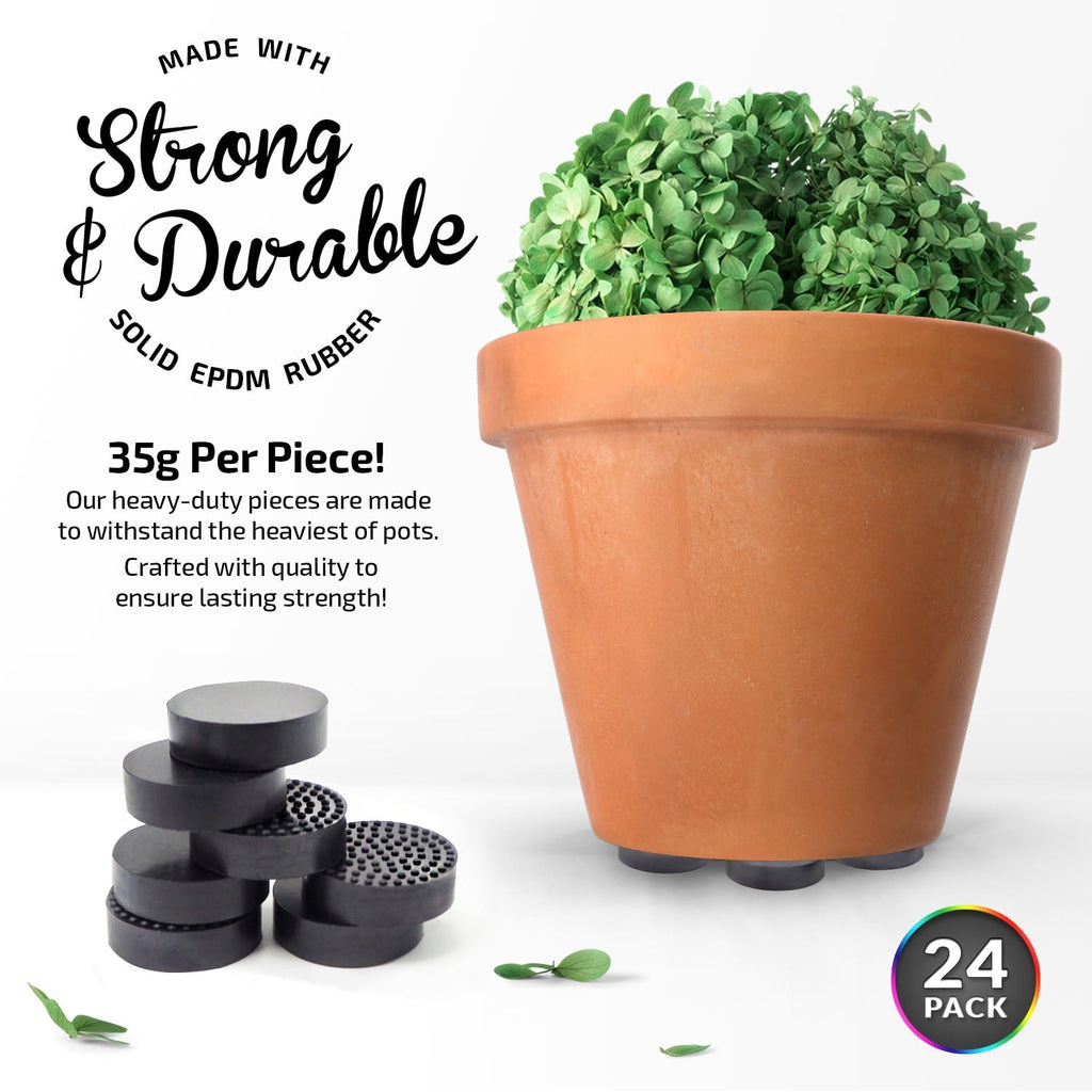 Plant Pot Feet with Adhesive Pads, Outdoor, 24 Pack | solid EPDM rubber pot risers with pads, aid drainage airflow