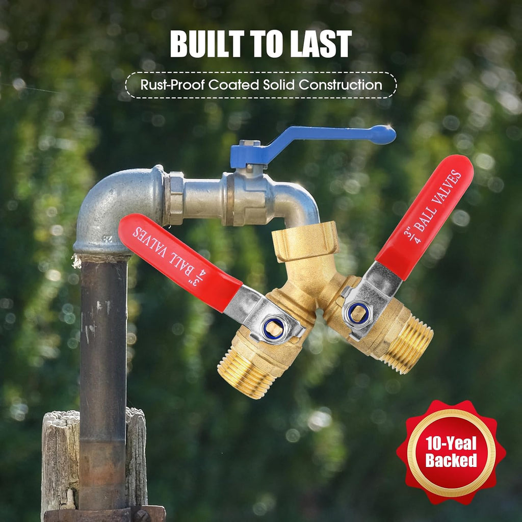 Garden Hose Splitter 2 Way Heavy Duty, Brass 3/4" GHT Y Valve | Stainless steel long handle. Full flow design for