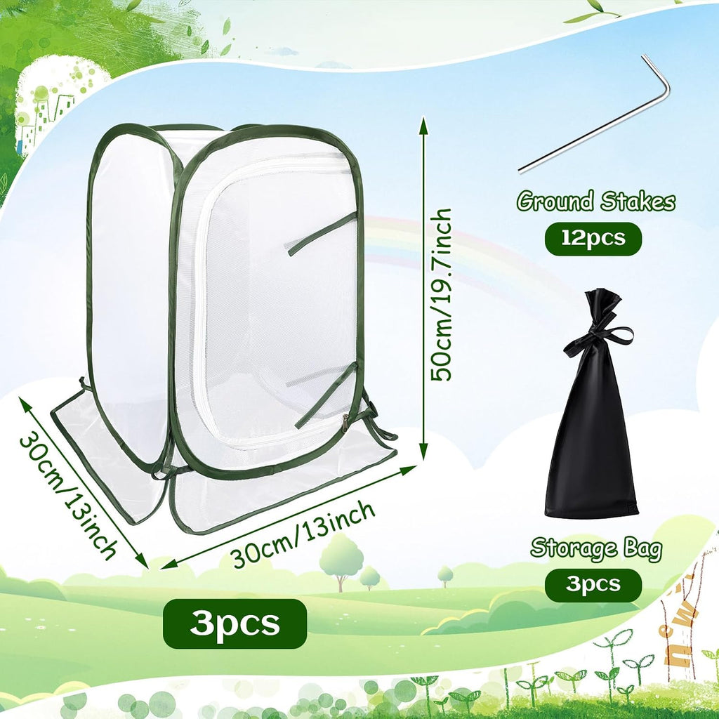 Pop Up Plant Covers, 3 Pack Mesh Net Protectors Cage with Stakes | Breathable Mesh, Outdoor Gardeners, Protecting