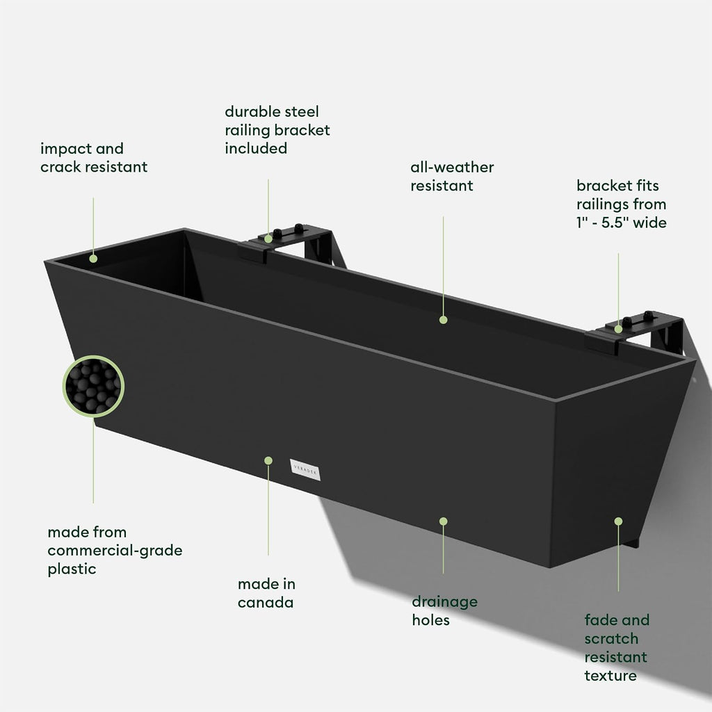Veradek Pure Series Railing Planter - Tapered Window Box with Bracket | Made From Durable Plastic With Adjustable Metal