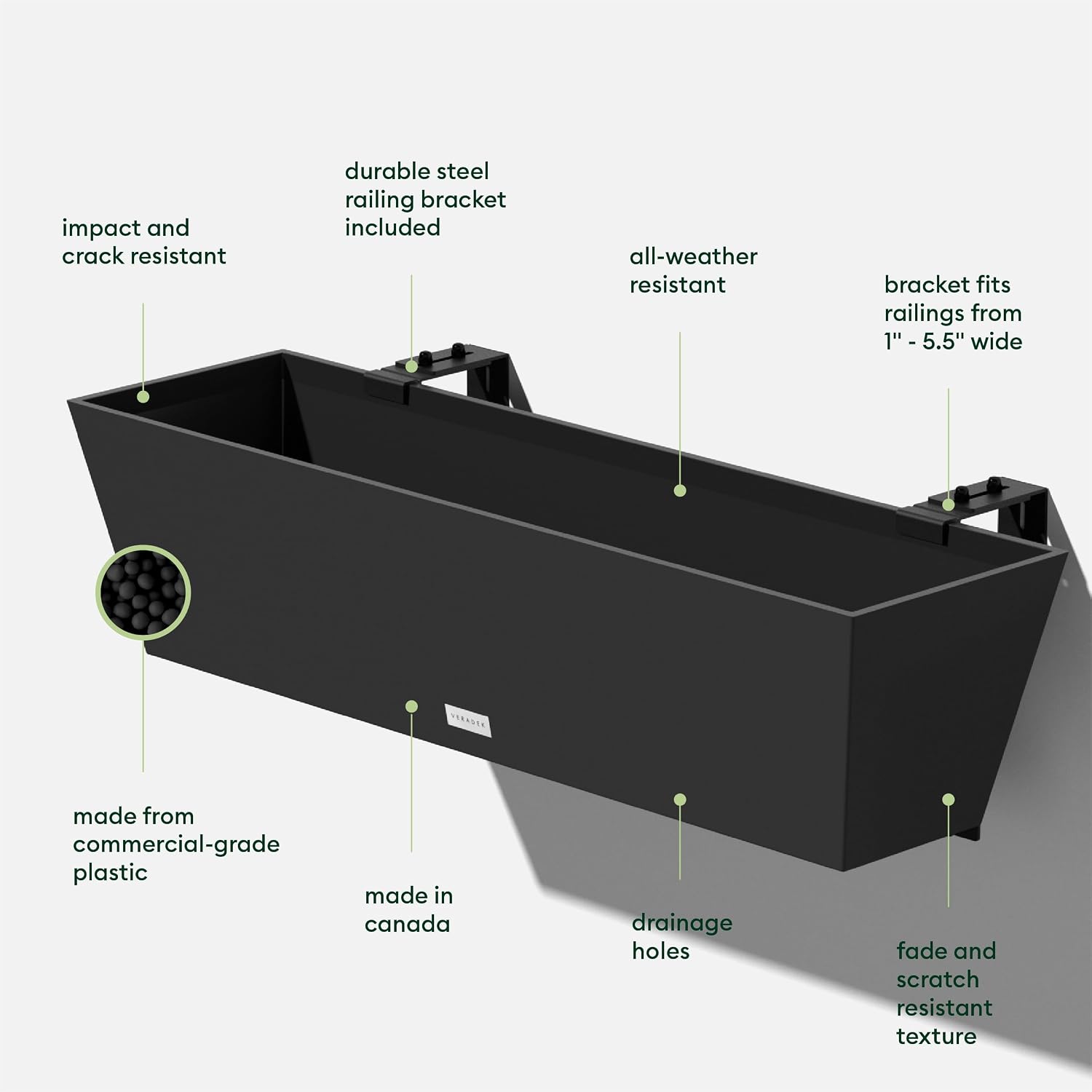 Veradek Pure Series Railing Planter - Tapered Window Box with Bracket | Made From Durable Plastic With Adjustable Metal