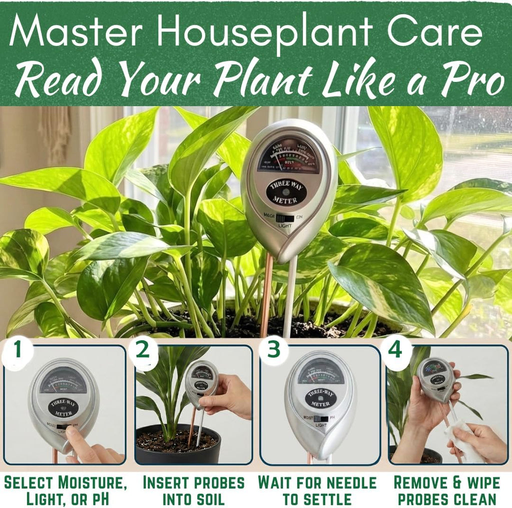 Houseplant Health Meter, 3-in-1 Soil Moisture, Sunlight & pH Testing Tool