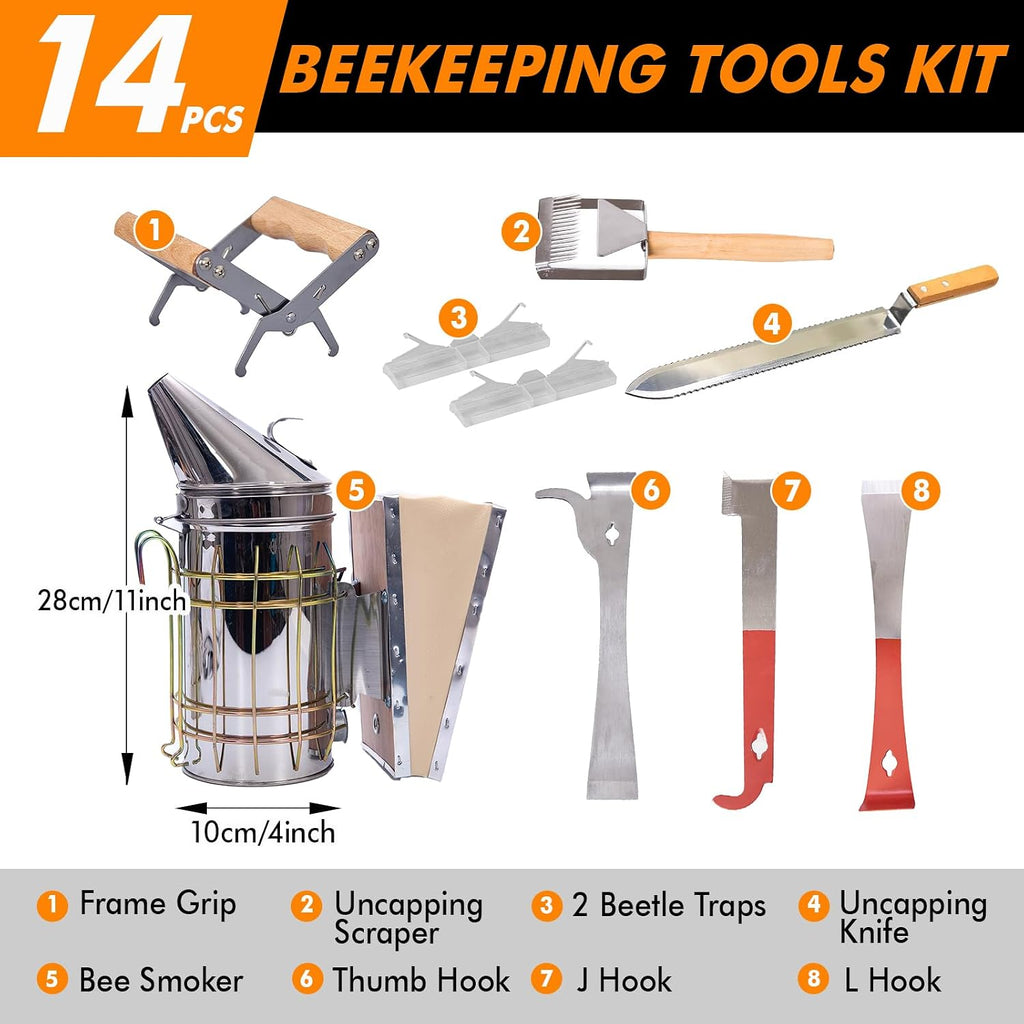BeeCastle 14 Pcs Beekeeping Tools Starter Kit, Bee Keeping Supplies-All Bee Hive Tools Kit with Organizer Tote and