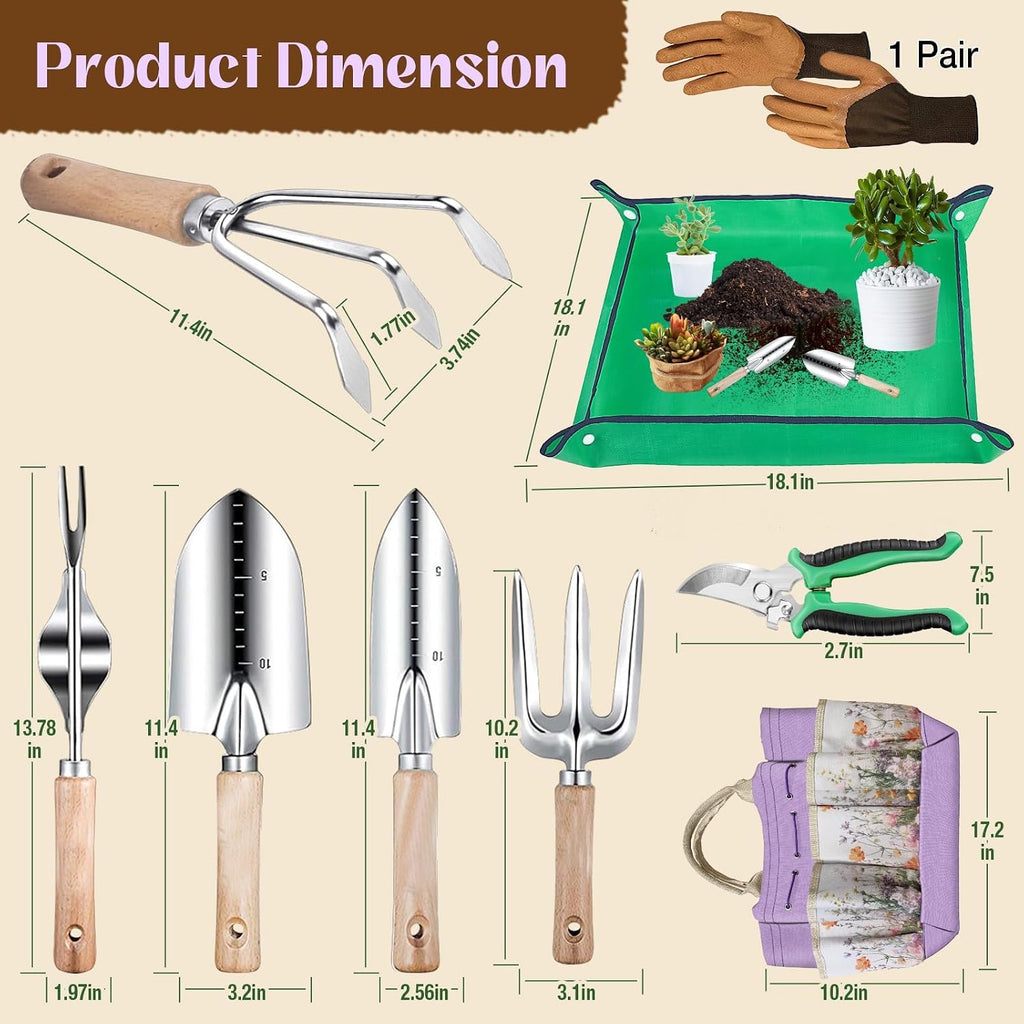 Gardening Tools 9 Pcs Garden Tool Set Stainless Steel Purple Tote Bag Gifts | 9-Piece Gardening Gifts, Rust-Proof