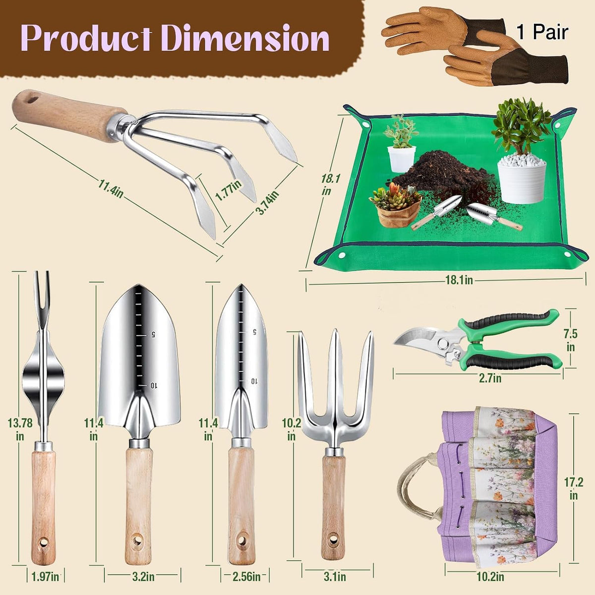 Gardening Tools 9 Pcs Garden Tool Set Stainless Steel Purple Tote Bag Gifts | 9-Piece Gardening Gifts, Rust-Proof