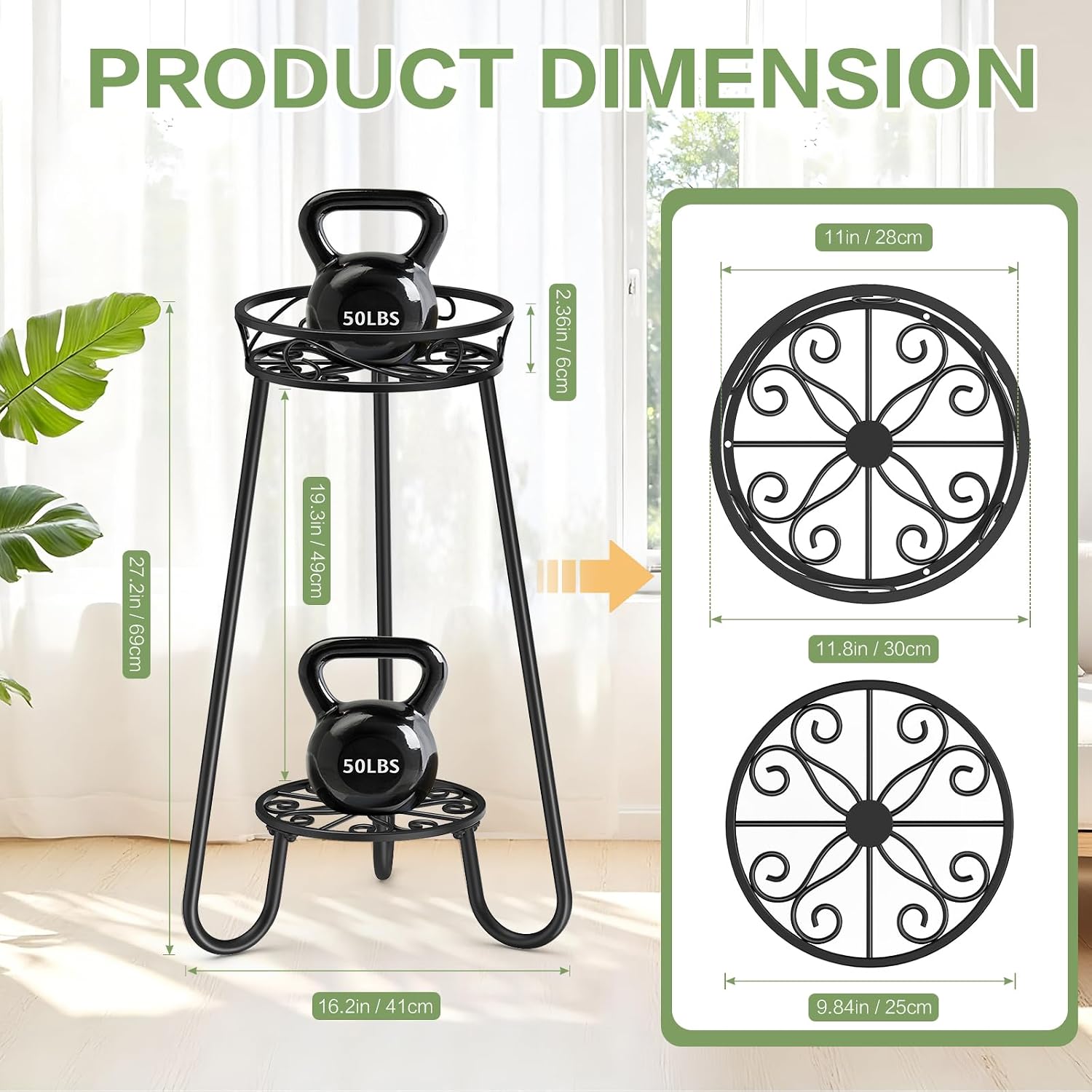 2 Tier 27.2 Inch Tall Corner Plant Stand Indoor Outdoor, Black 3 Leg | Metal Heavy Duty Flower Plant Shelf，Rustproof