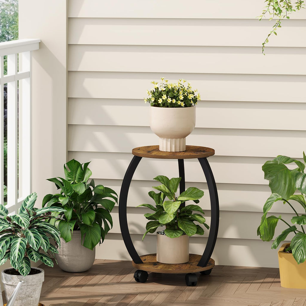 YINMIT Plant Stand Indoor with Wheels, 2 Tier 18.5 In Tall Plant Stand | Wood Flower Pot Plant Shelf, Round Corner