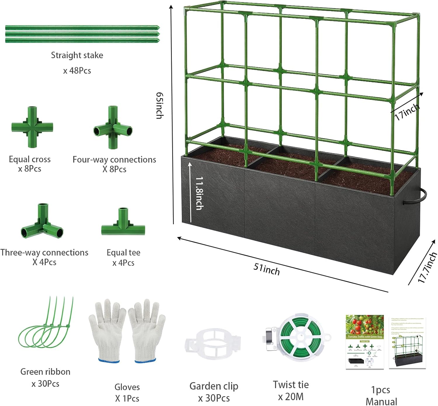 51x17x49 Inch Garden Tomato Cages Planter with 46 Gallon Grow Bags, Square Plant Support Trellis,for Vertical Climbing