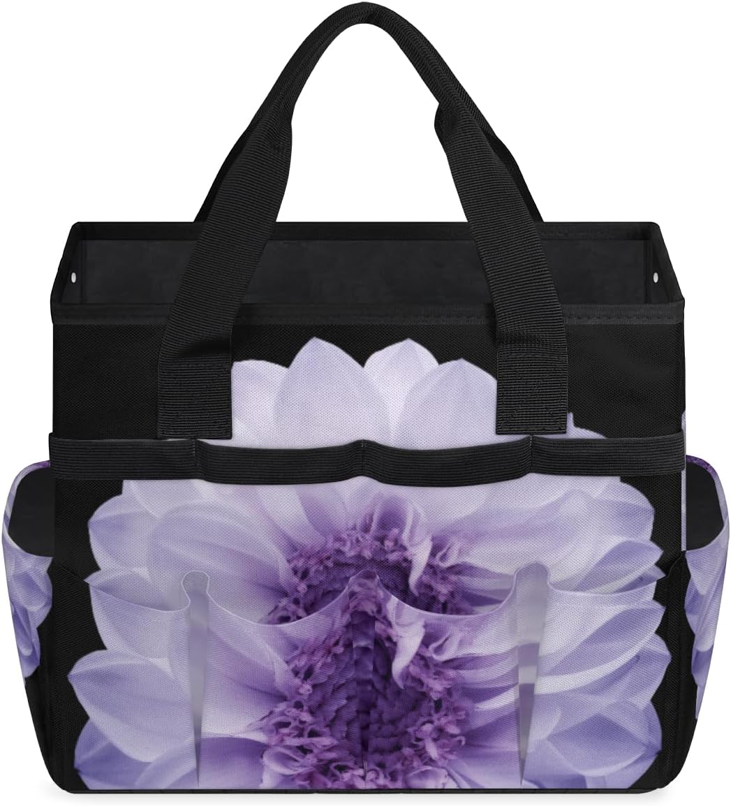 Purple Dahlia Garden Tool Bag Waterproof Gardening Tool Storage Bag with Handle & 10 Pockets Gardening Tote Bag for