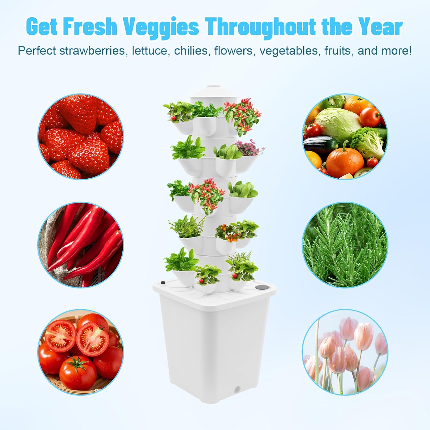 25-Plant Vertical Tower Garden System - Indoor Hydroponic Growing Kit | with Pump, Funnel & Water Level Gauge, Vertical