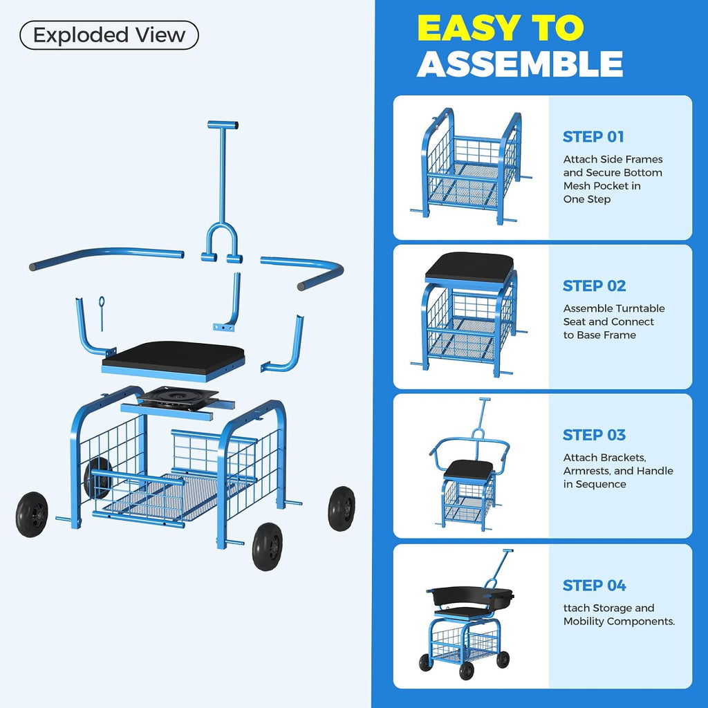 Suntee Garden Seat with Wheels, Rolling Gardening Stool with 360° Swivel Seat & Backrest,Tool Storage Basket & Back