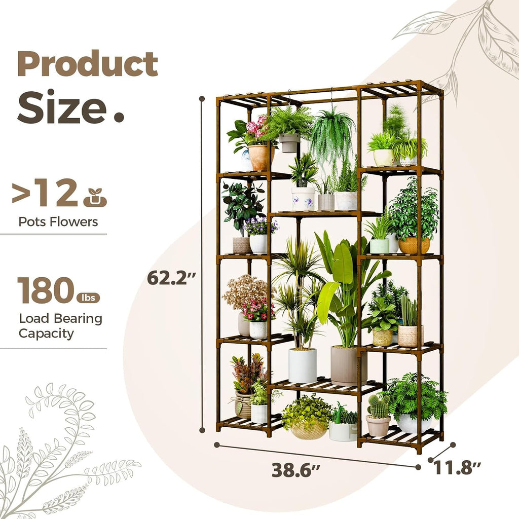 Bamworld 62.2'' Tall Plant Stand Indoor Large Plant Shelf for Multiple Plants Wood Flower Stand Outdoor Hanging Plant