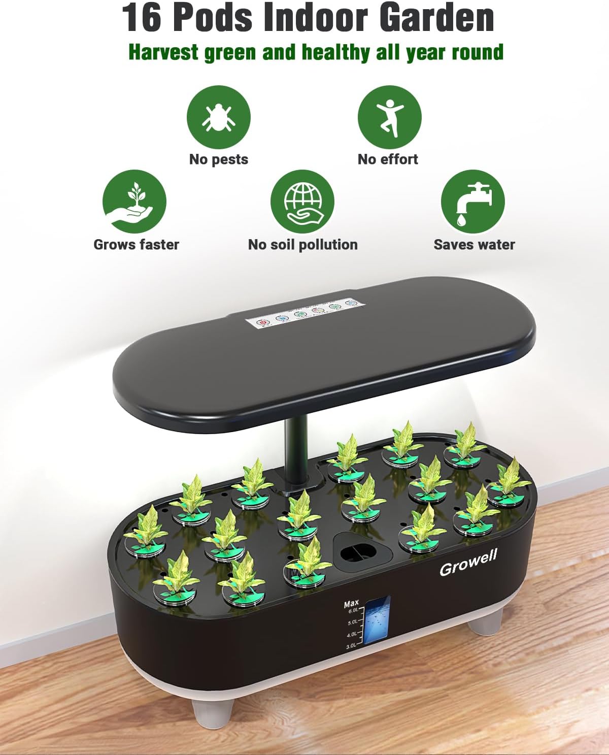 Growell Hydroponics Growing System Kit, 16 Pods Indoor Garden with 28W Full Spectrum LED Grow Light, Auto Timer, 3