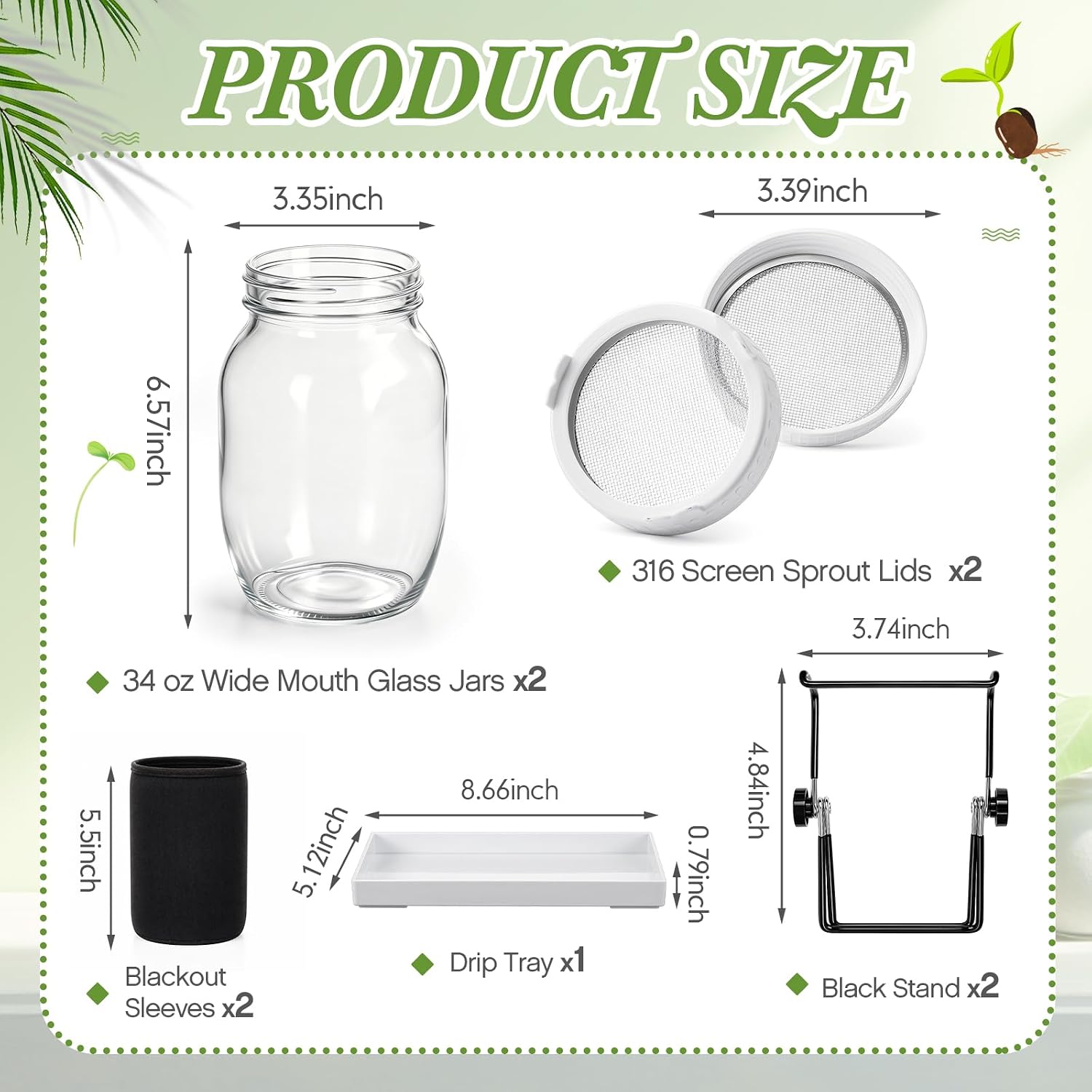 LemonRoad 9 Pcs Seed Sprouting Kit with 1000 ml Mason Jars and Blackout Sleeve, Separate Bracket 316 Stainless Steel
