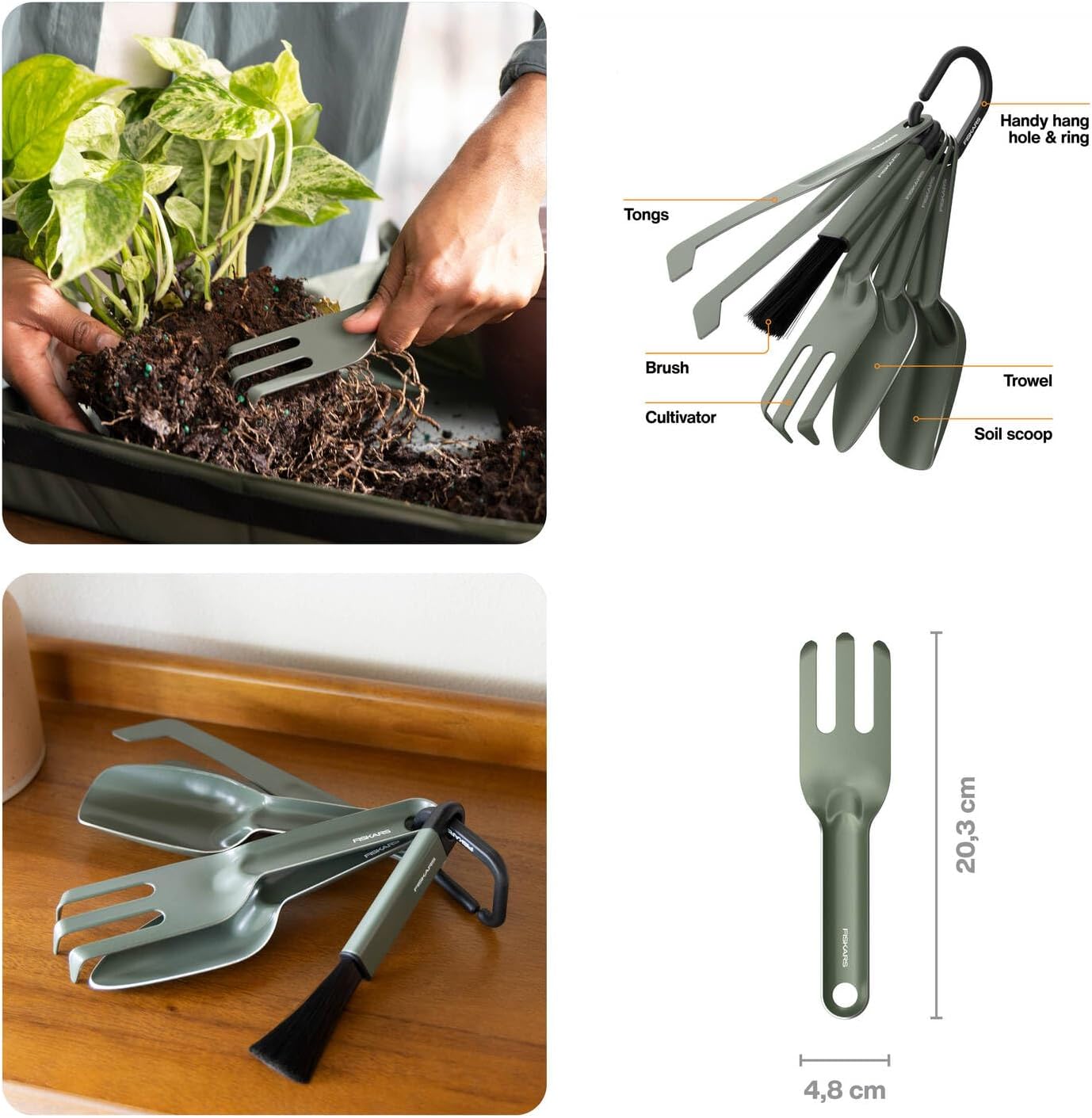 Fiskars Urban Plant Care Planting Tools Set, 5-Piece | All-in-One Kit for Indoor Plants, Space Saving Design, Stainless