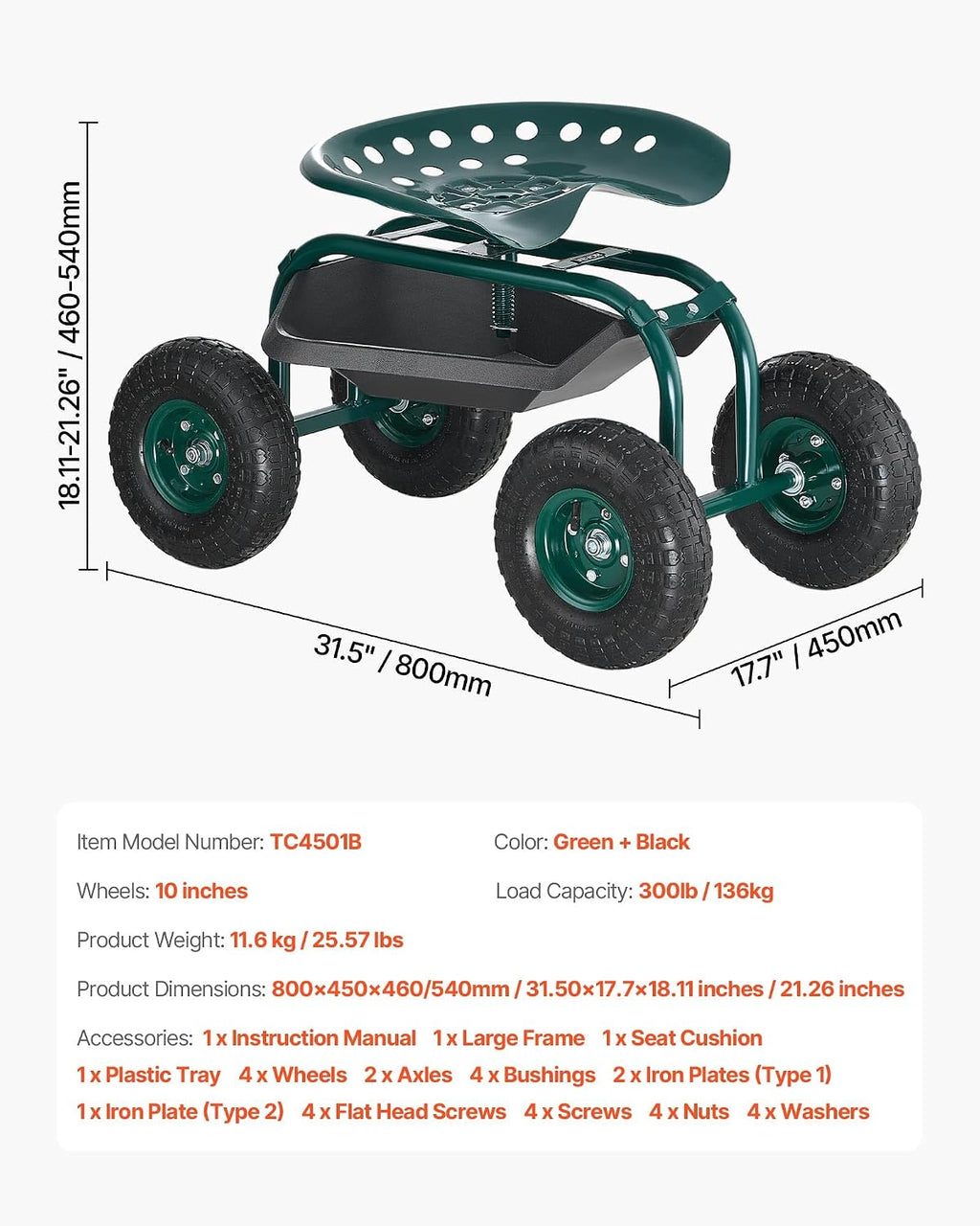 VEVOR Rolling Garden Cart with Swivel Seat, Heavy Duty Garden Seat with Storage Basket & Tool Tray, 300 lbs Weight