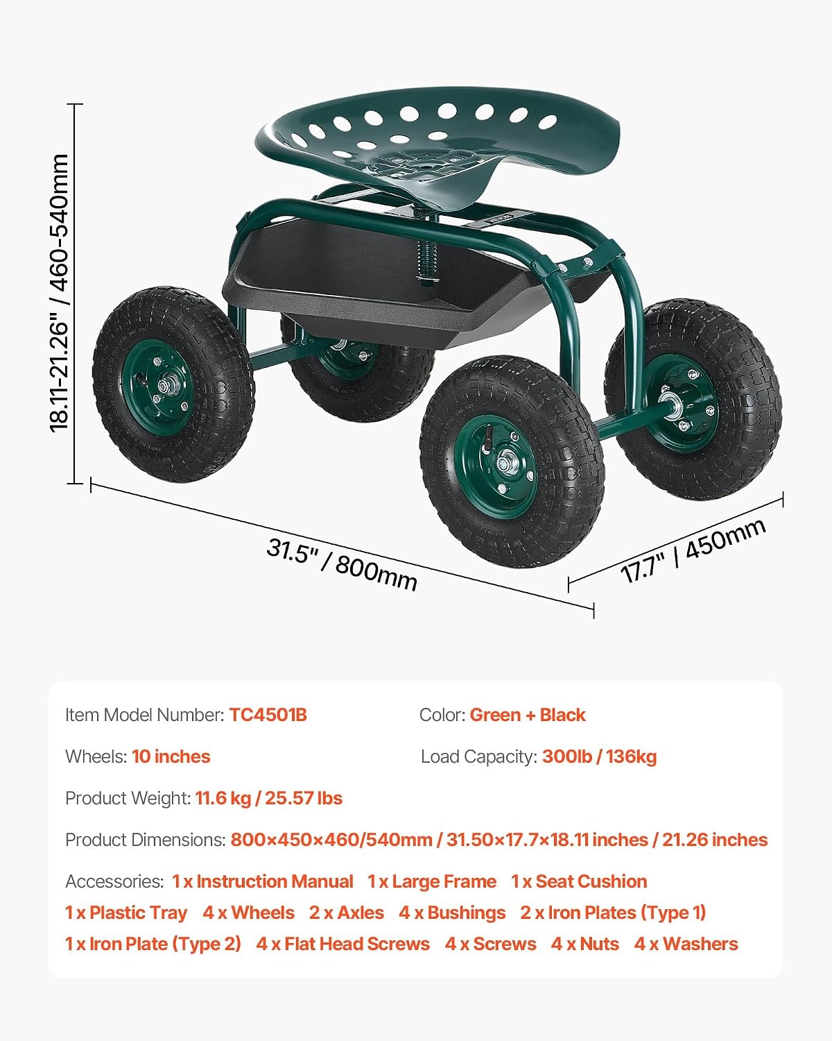VEVOR Rolling Garden Cart with Swivel Seat, Heavy Duty Garden Seat with Storage Basket & Tool Tray, 300 lbs Weight