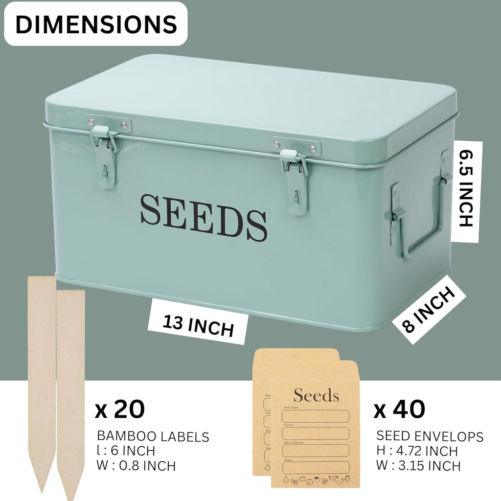 Large Modern Green Rectangular Metal Seed Storage Box with 4 Compartments and 40 Envelopes and 20 Bamboo Plant Labels