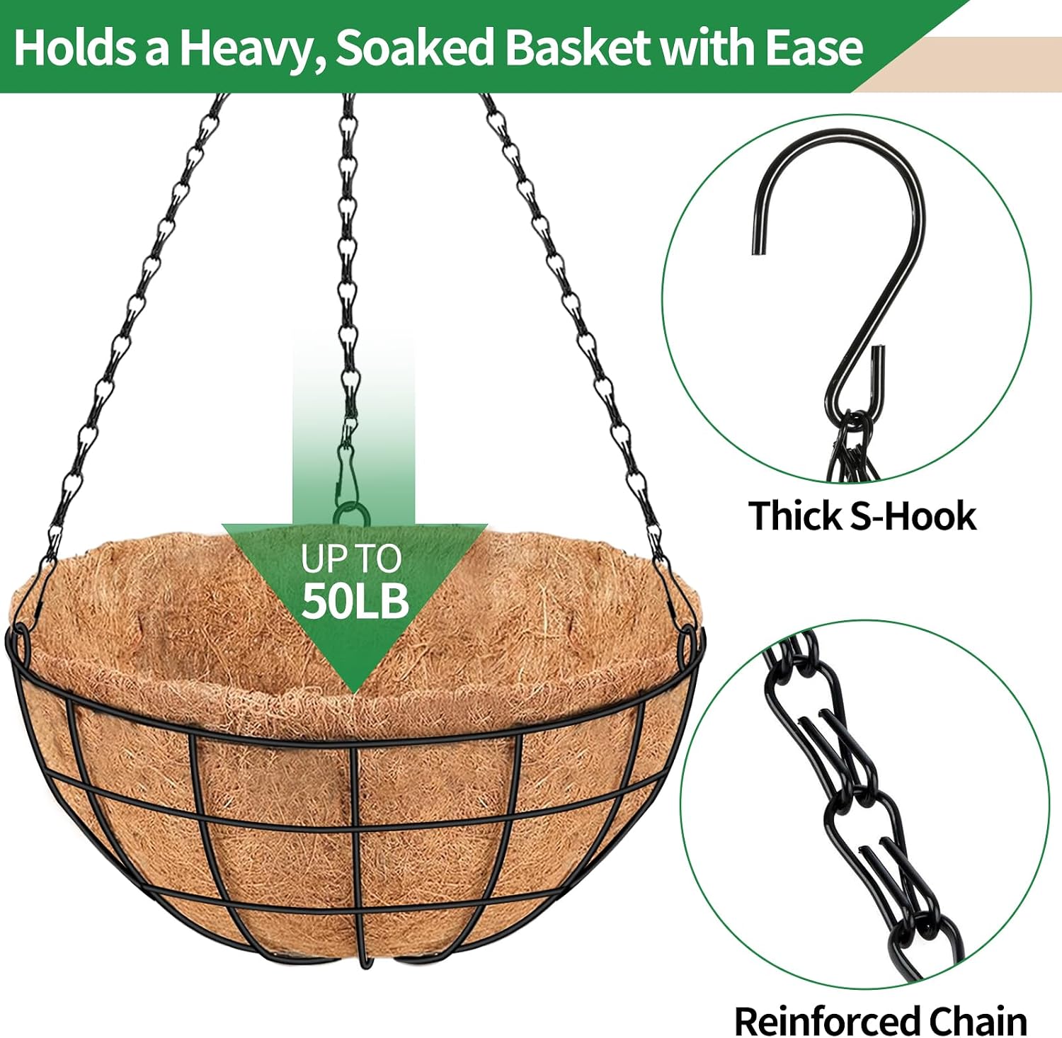 16 Inch Hanging Planters for Outdoor Plants, 2 Pack Large Hanging Baskets | Metal Hanging Baskets for Outdoor Plants