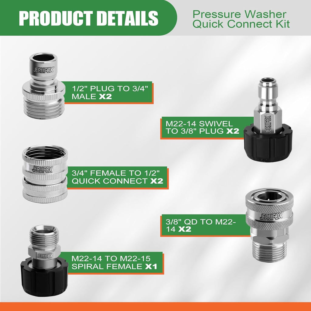 Pressure Washer Quick Connect Kit, Stainless Steel Pressure Washer Hose Adapter Set, M22 14mm Swivel to 3/8'' Male