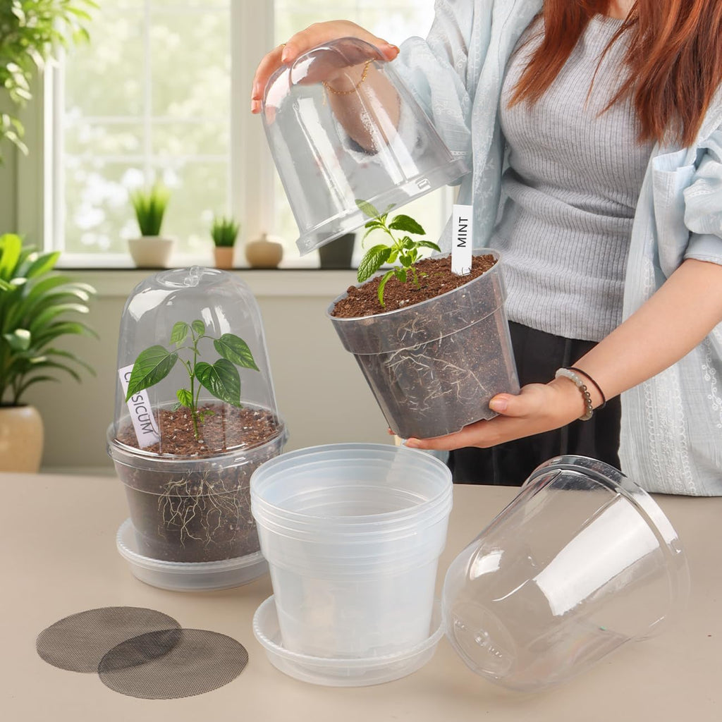 BTPLASTIK 6 Inch Clear Nursery Pots with Humidity Domes 15 Pack, Transparent Plastic Plant Pot with Drainage Holes and