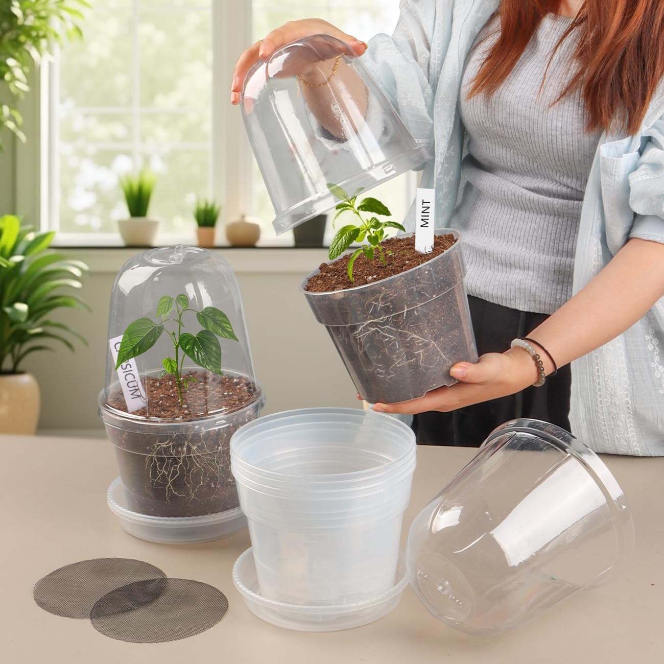 BTPLASTIK 6 Inch Clear Nursery Pots with Humidity Domes 15 Pack, Transparent Plastic Plant Pot with Drainage Holes and