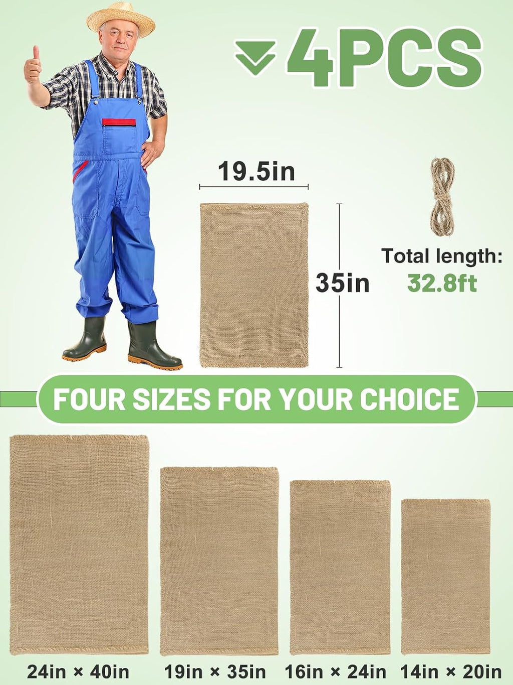 4Pcs 19.5"x35" Breathable Natural Burlap Bags with Rope for Potato Storage | Reusable, Thickened Jute Food Storage